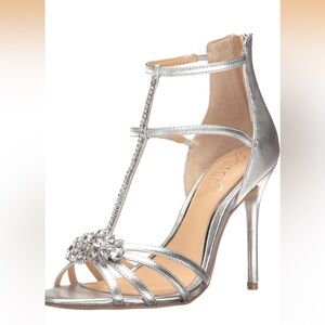 Jewel Badgley Mischka Silver T-Strap Crystal Embellished High Heels